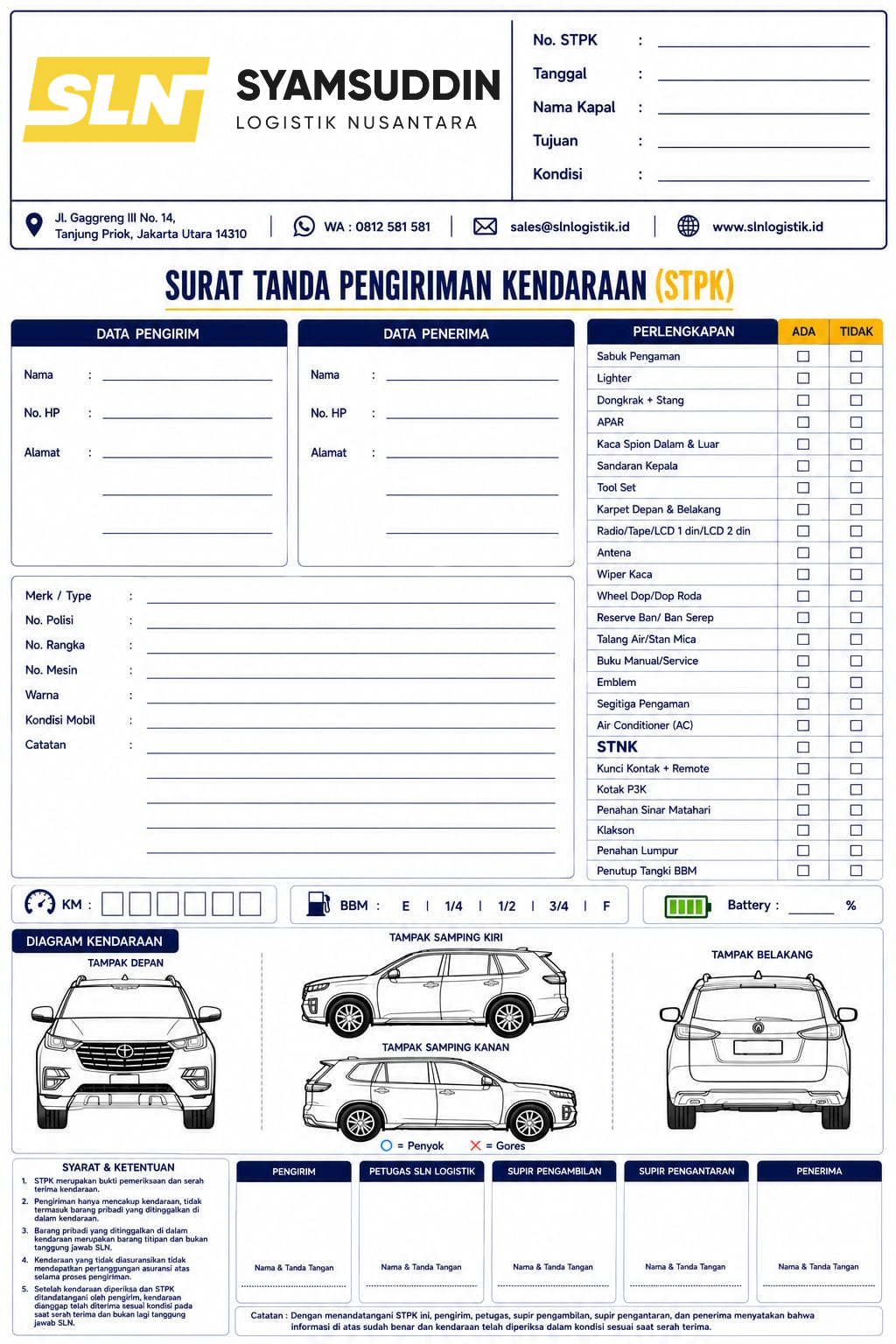 Formulir STPK Kirim Mobil Bontang SLN Logistik